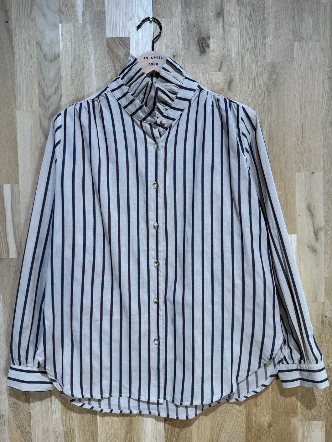 Matilda Striped Ruffle Neck Blouse Beige