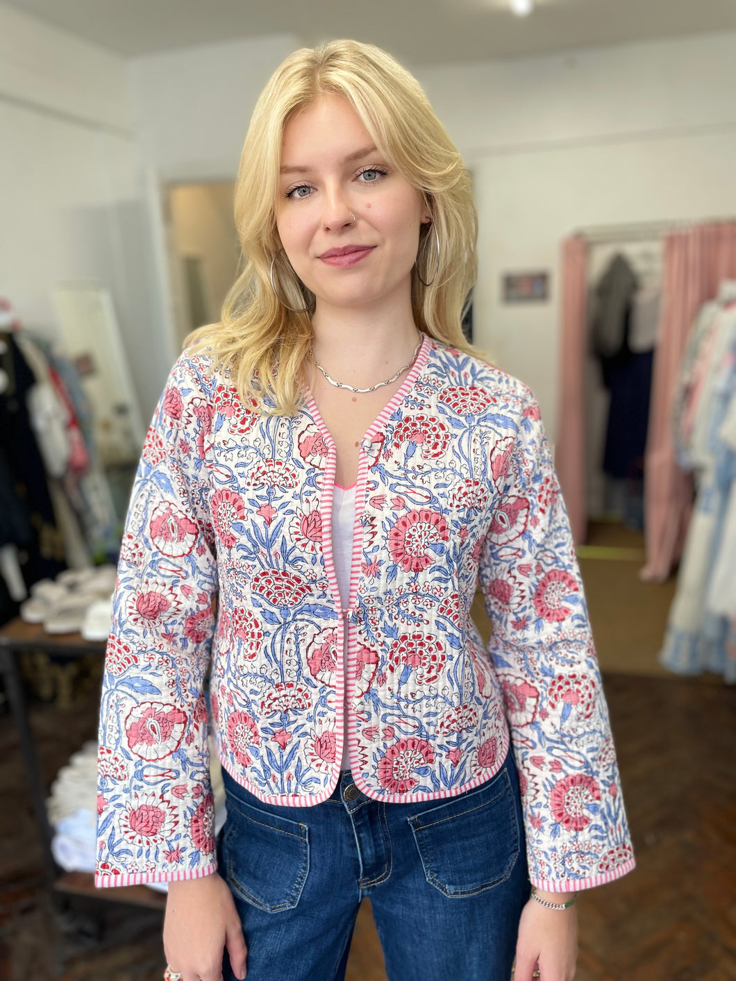 Tara Cotton Quilted Jacket White/Blue/Pink/Red Peony
