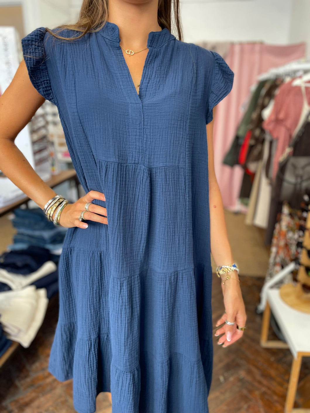 Sunny Cheesecloth Swing Dress Navy