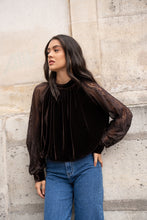 Load image into Gallery viewer, Velvet Top with Lace Sleeve Chocolate
