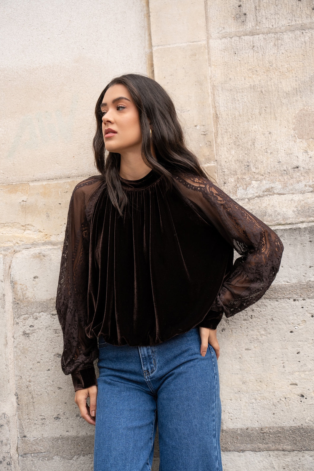 Velvet Top with Lace Sleeve Chocolate