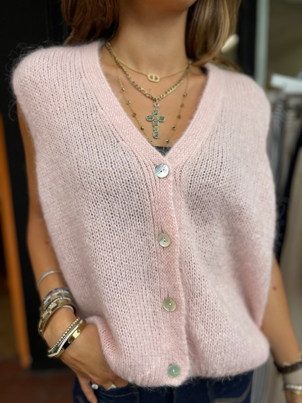 Mae Mohair Button Tank Light Pink