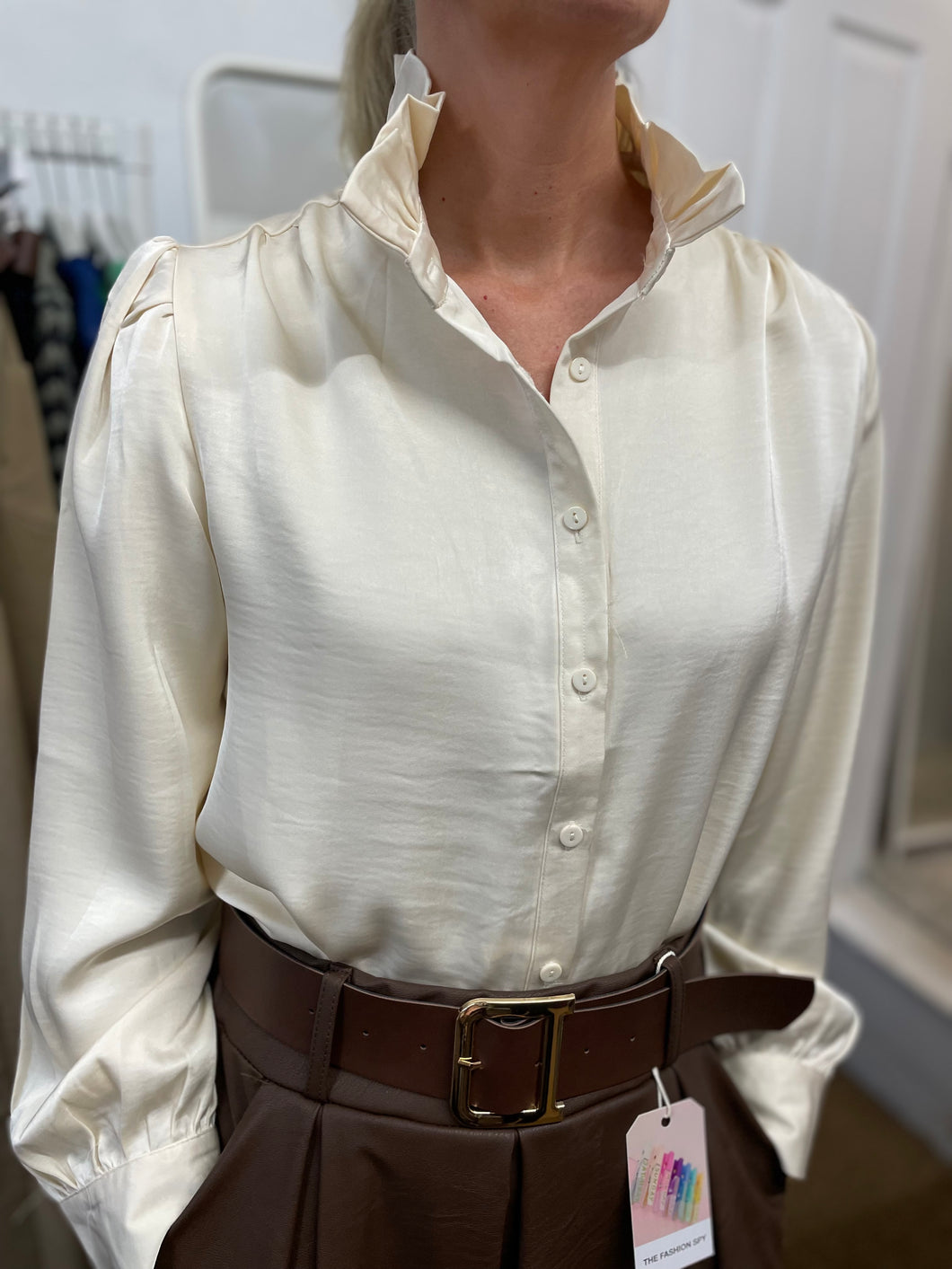 Sadie Satin Ruffle Collar Shirt Cream