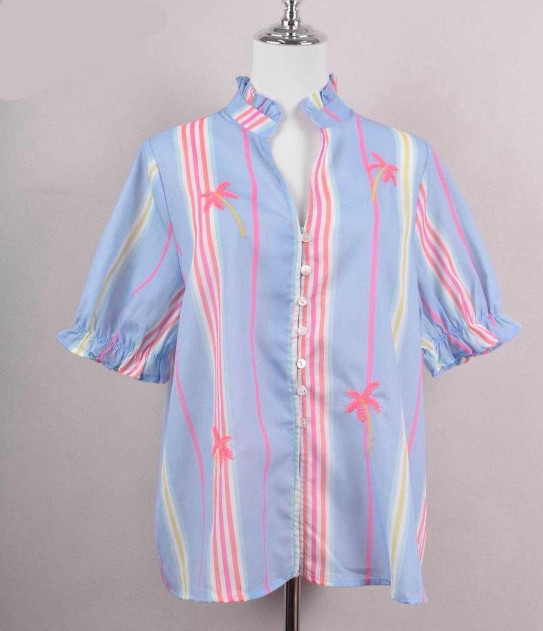 Palm Fluro Embroidered Stripey Blouse