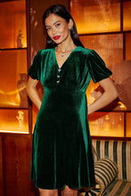Load image into Gallery viewer, Green Velvet Skater Dress With Diamante Bow Detail - Green
