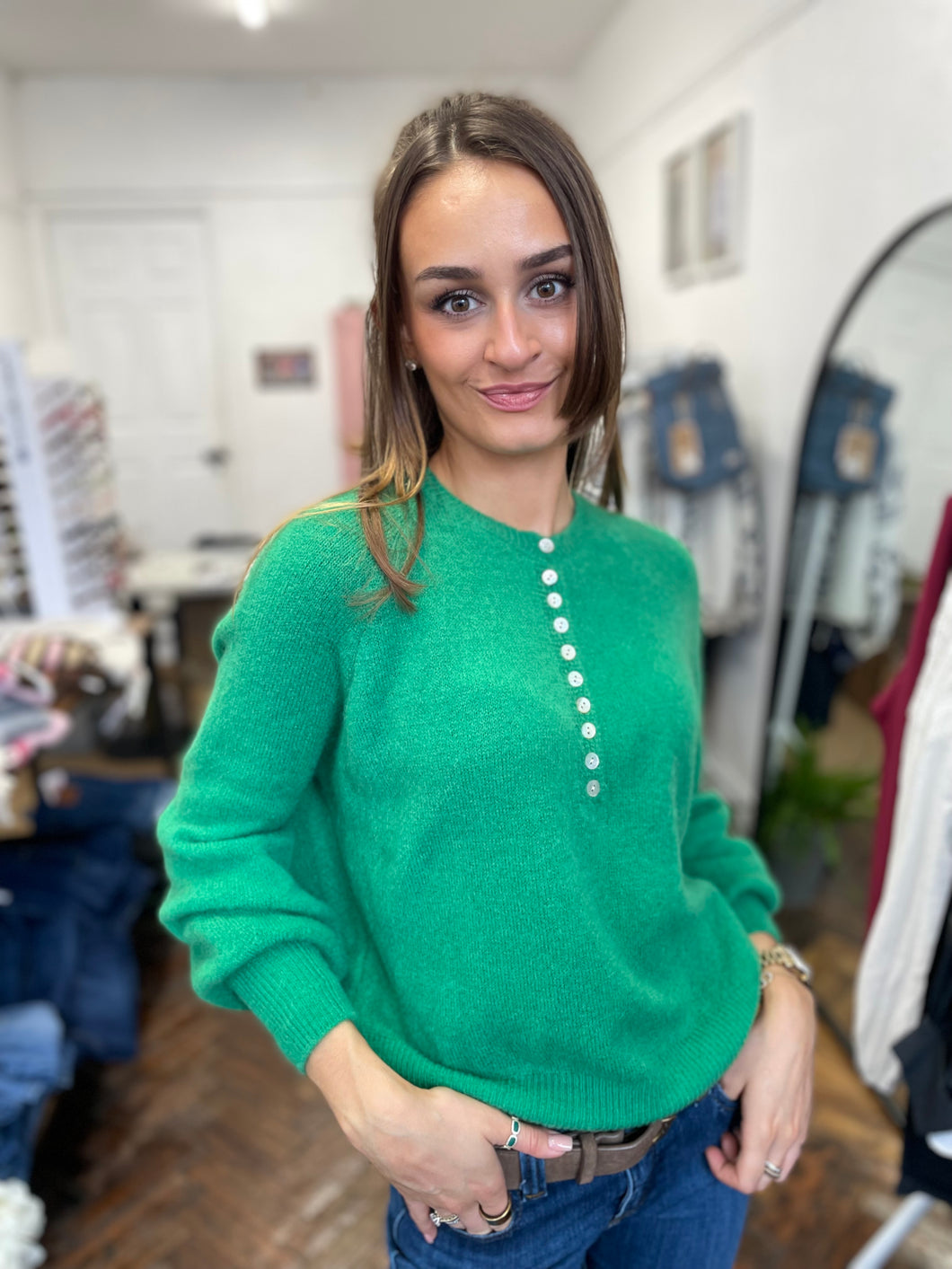 Soft Button Collar Jumper Mid Green