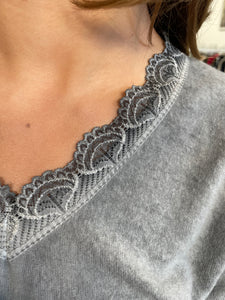 Elara Lace Trim V Neck Grey