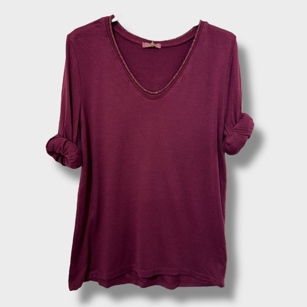 Lurex V Neck T Shirt Prune