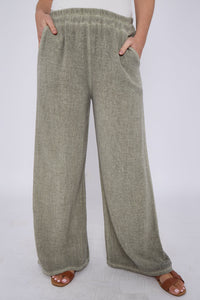 Teabag Washed Linen Wide Leg Trousers Khaki