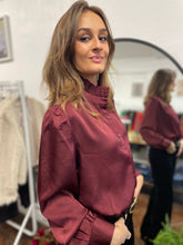 Load image into Gallery viewer, Sadie Satin Ruffle Collar Shirt Burgandy
