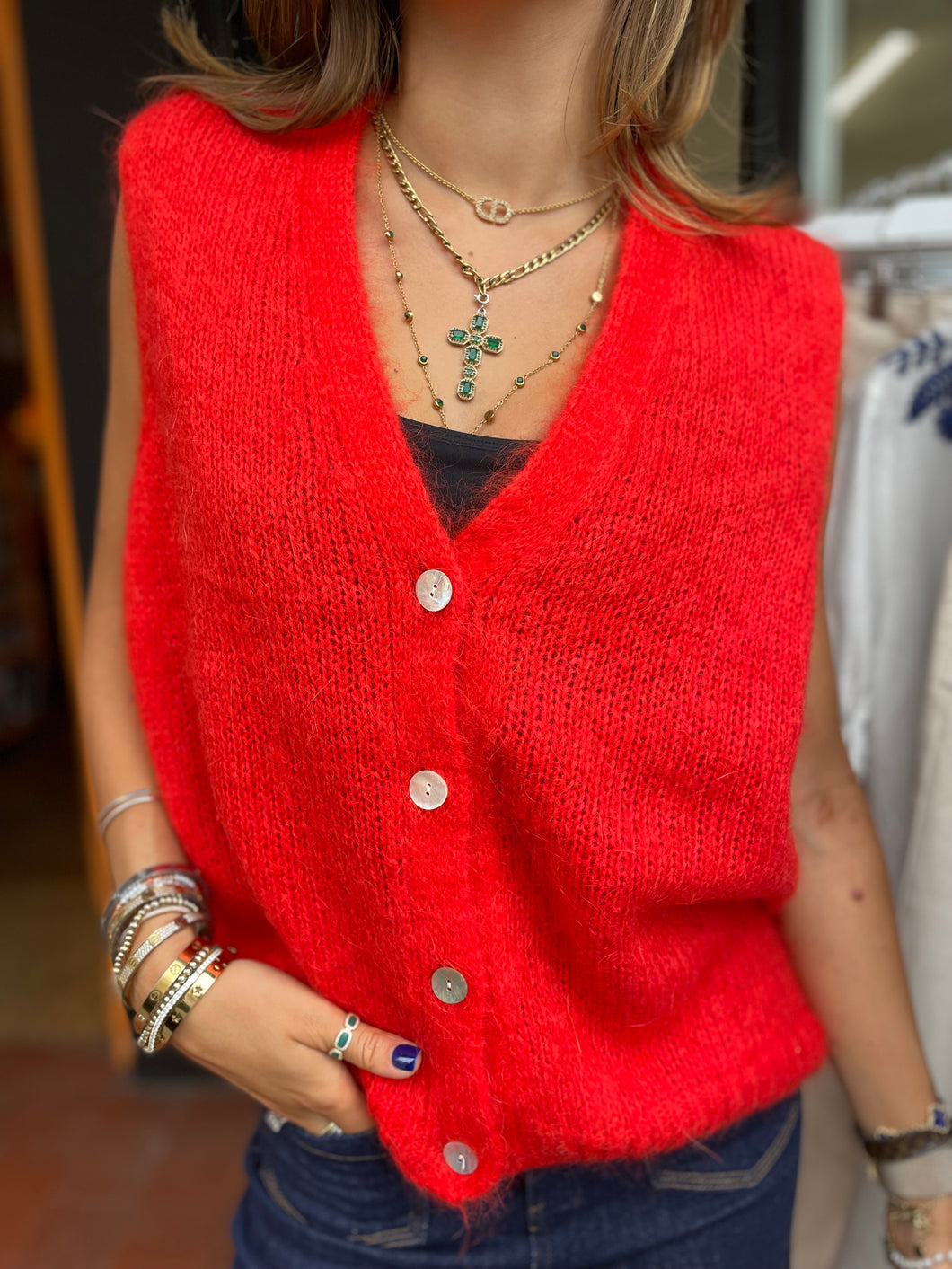 Mae Mohair Button Tank Orange