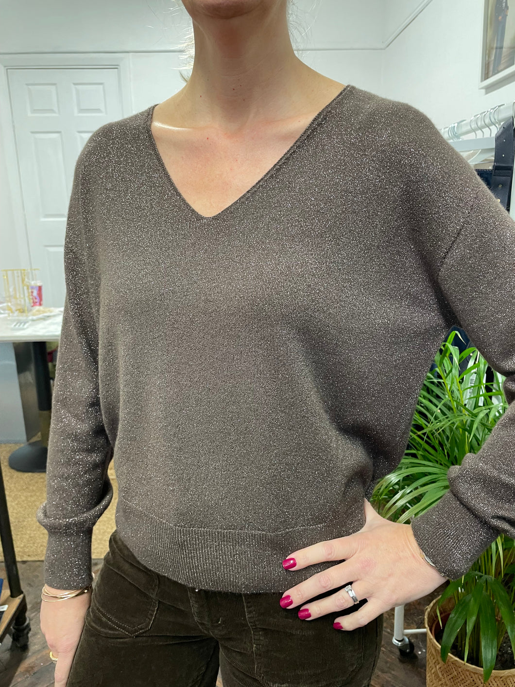 Holly Sparkle V Neck  Chocolate
