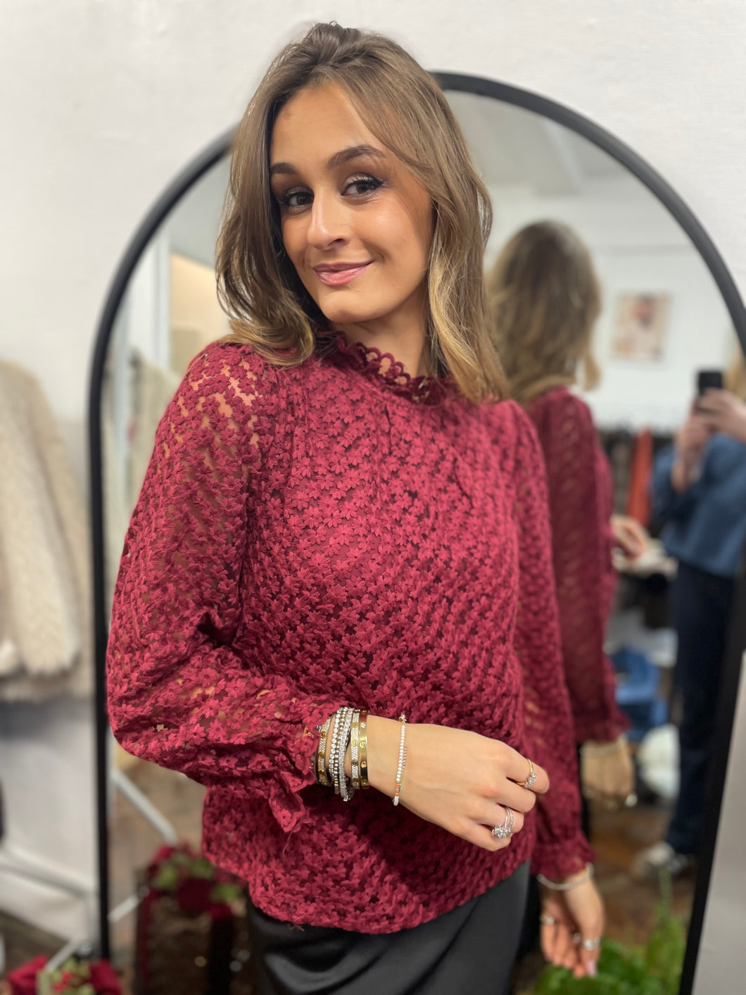 Flower Lace High Neck Blouse Wine