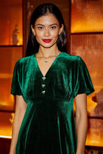Load image into Gallery viewer, Green Velvet Skater Dress With Diamante Bow Detail - Green
