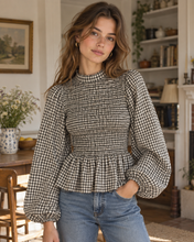 Load image into Gallery viewer, Dolly Gingham Shirred Top Khaki
