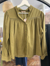 Load image into Gallery viewer, Rosalie Long Sleeve Cotton Stripe Insert Blouse Olive
