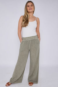 Teabag Washed Linen Wide Leg Trousers Khaki