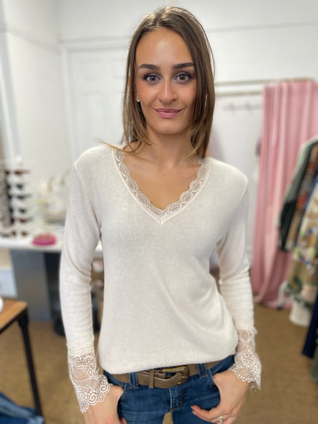 Elara Lace Trim V Neck Beige
