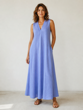 Load image into Gallery viewer, Nola Bias Cut Pure Linen V Dress Cornflower
