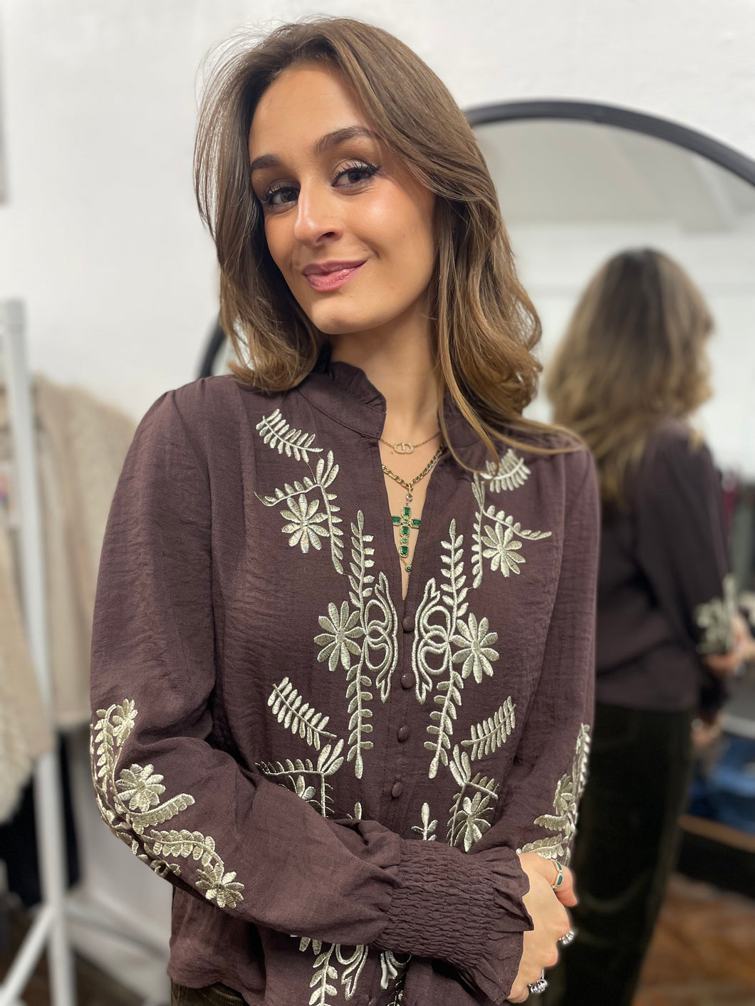 Embroidered Blouse Choc/Gold
