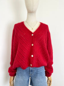 Claudia Open Knit Button Mohair Cardigan Red