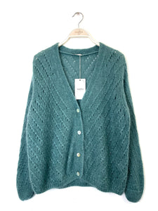 Claudia Open Knit Button Mohair Cardigan Water Green