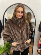 Load image into Gallery viewer, Faux Fur Chevron Zip Cape Chocolate

