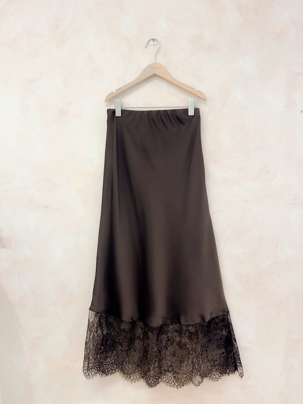 Solene Satin & Lace Trim Skirt Chocolate