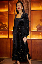 Load image into Gallery viewer, Velvet Midi Dress With Starburst Foil Print - Black
