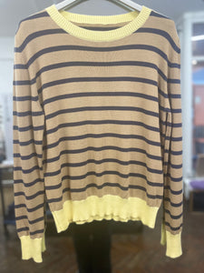 Wendy Thin Stripe Cotton Crew Neck Jumper Taupe/Navy/Yellow