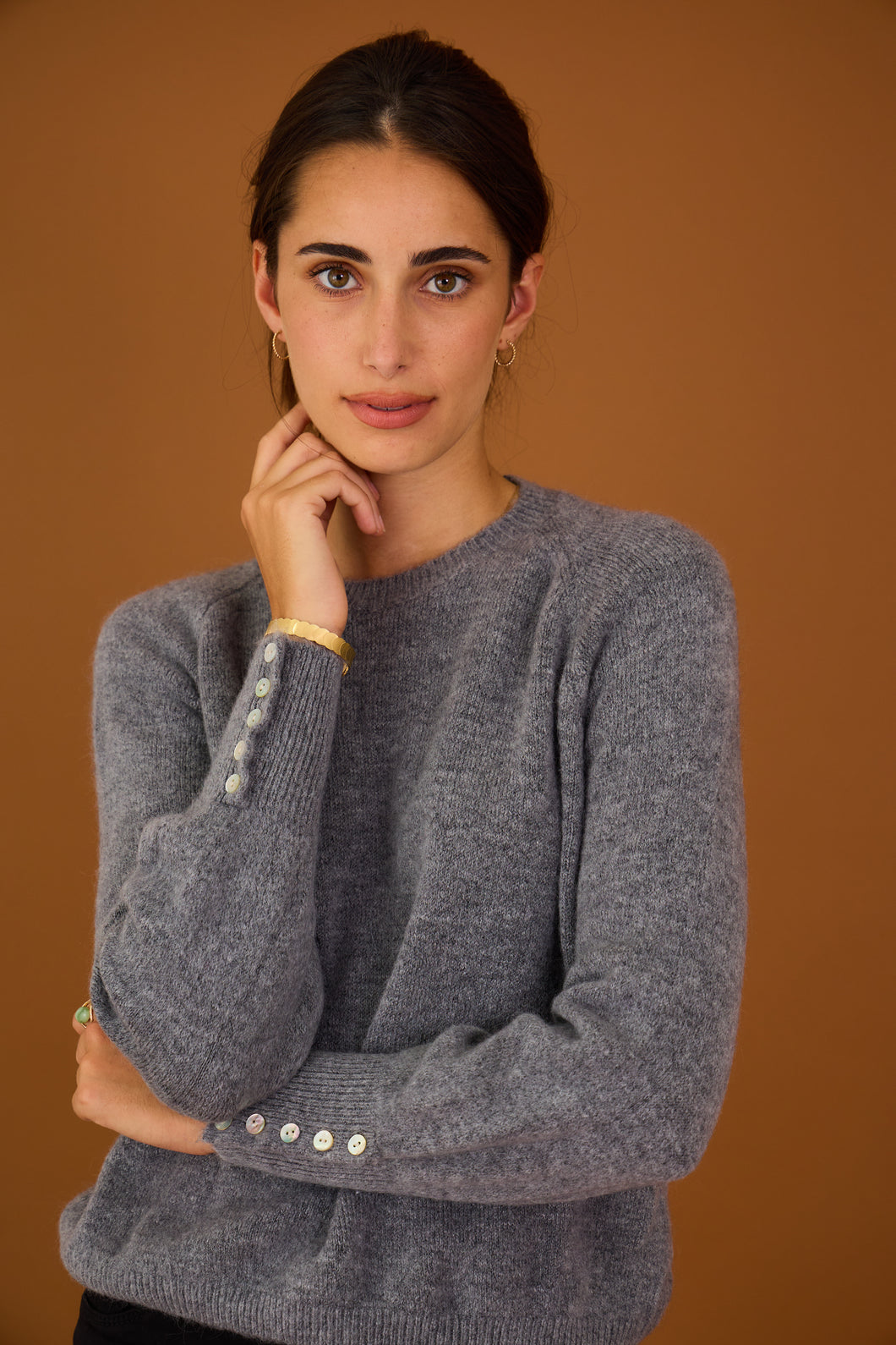 Soft Button Cuff Alpaca Jumper Grey