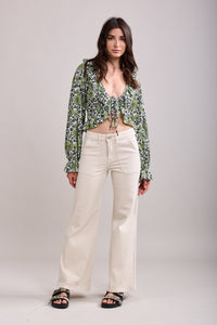 Gloria Patch Pocket Stretch Wide Leg Denim Beige