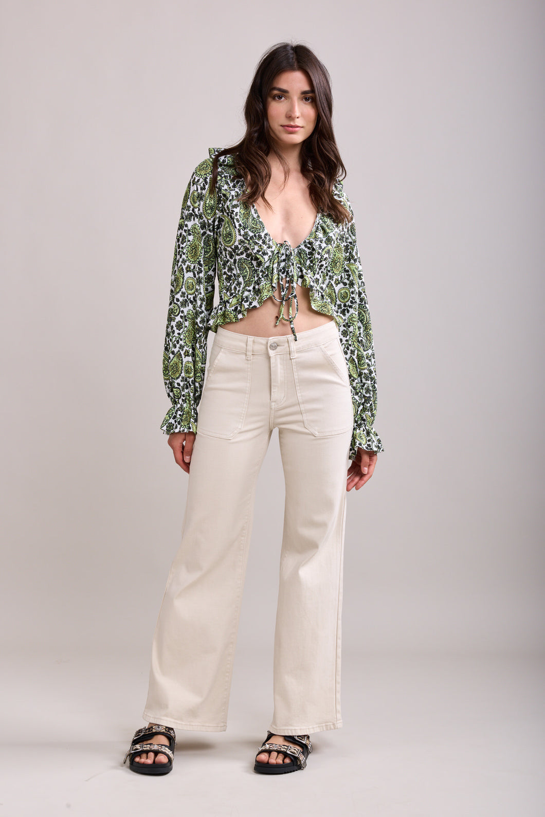 Gloria Patch Pocket Stretch Wide Leg Denim Beige