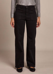 Gloria Patch Pocket Stretch Wide Leg Black Jeans