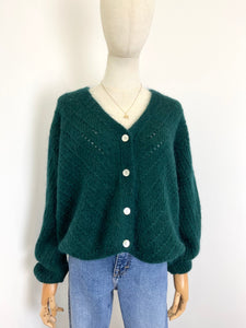 Claudia Open Knit Button Mohair Cardigan Dark Green