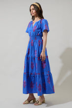 Load image into Gallery viewer, Shayna Floral Palmer Poplin Tiered Maxi Dress Blue/Pink

