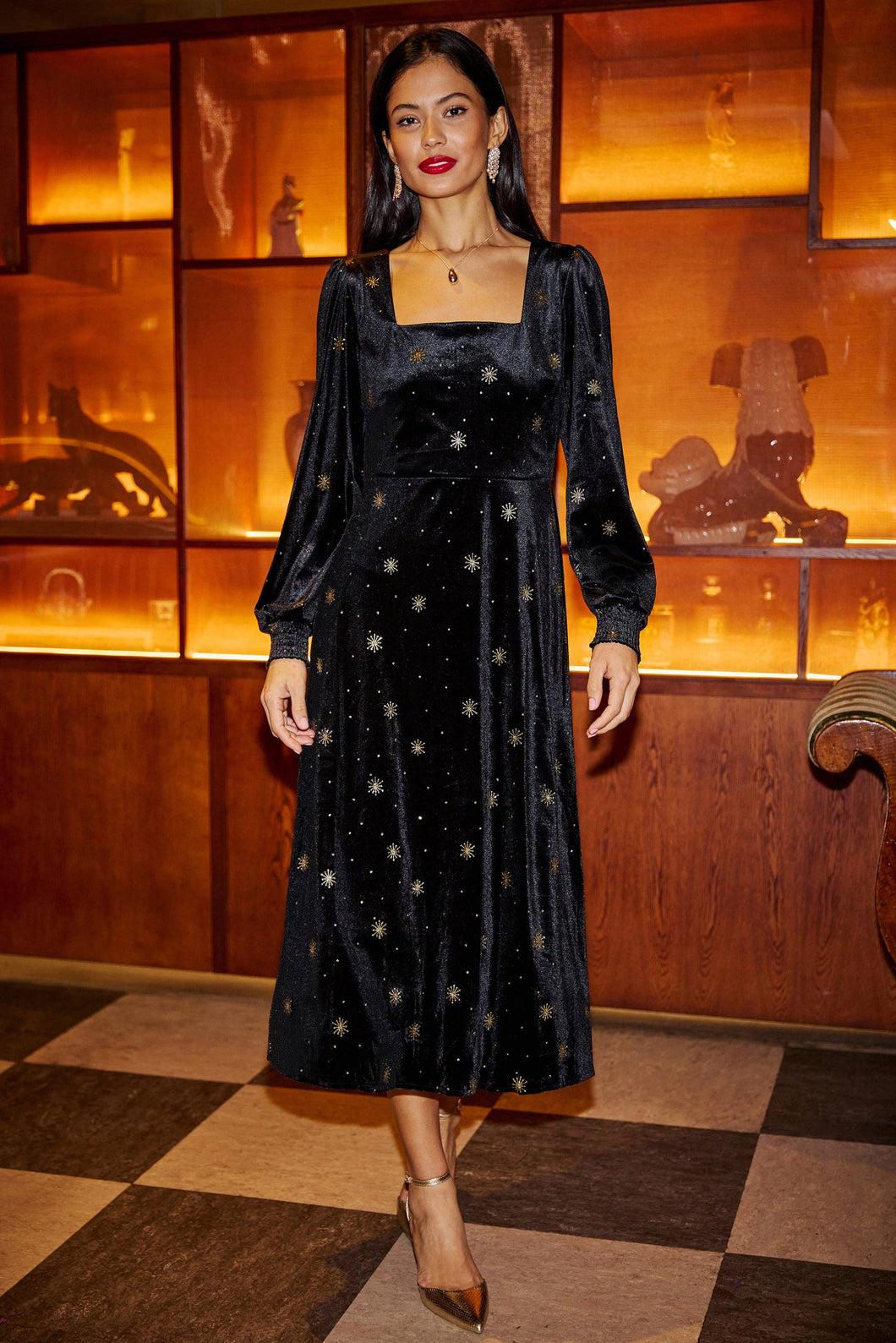 Velvet Midi Dress With Starburst Foil Print - Black