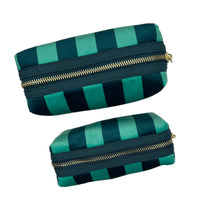 Load image into Gallery viewer, Teal Stripe Make-up Bag &amp; Bow Brooch - Recycled Velvet: Small
