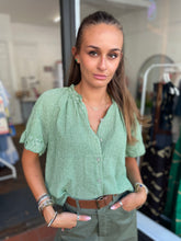 Load image into Gallery viewer, Valencia Stripe Voile Short Sleeve Green Blouse

