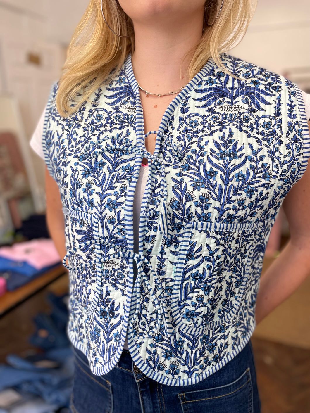 Chloe Bow Tie Front Block Print Gilet - Blue Floral