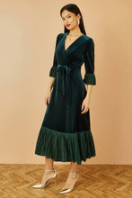 Load image into Gallery viewer, Velvet Wrap Midi Dress With Contrast Hemline Green
