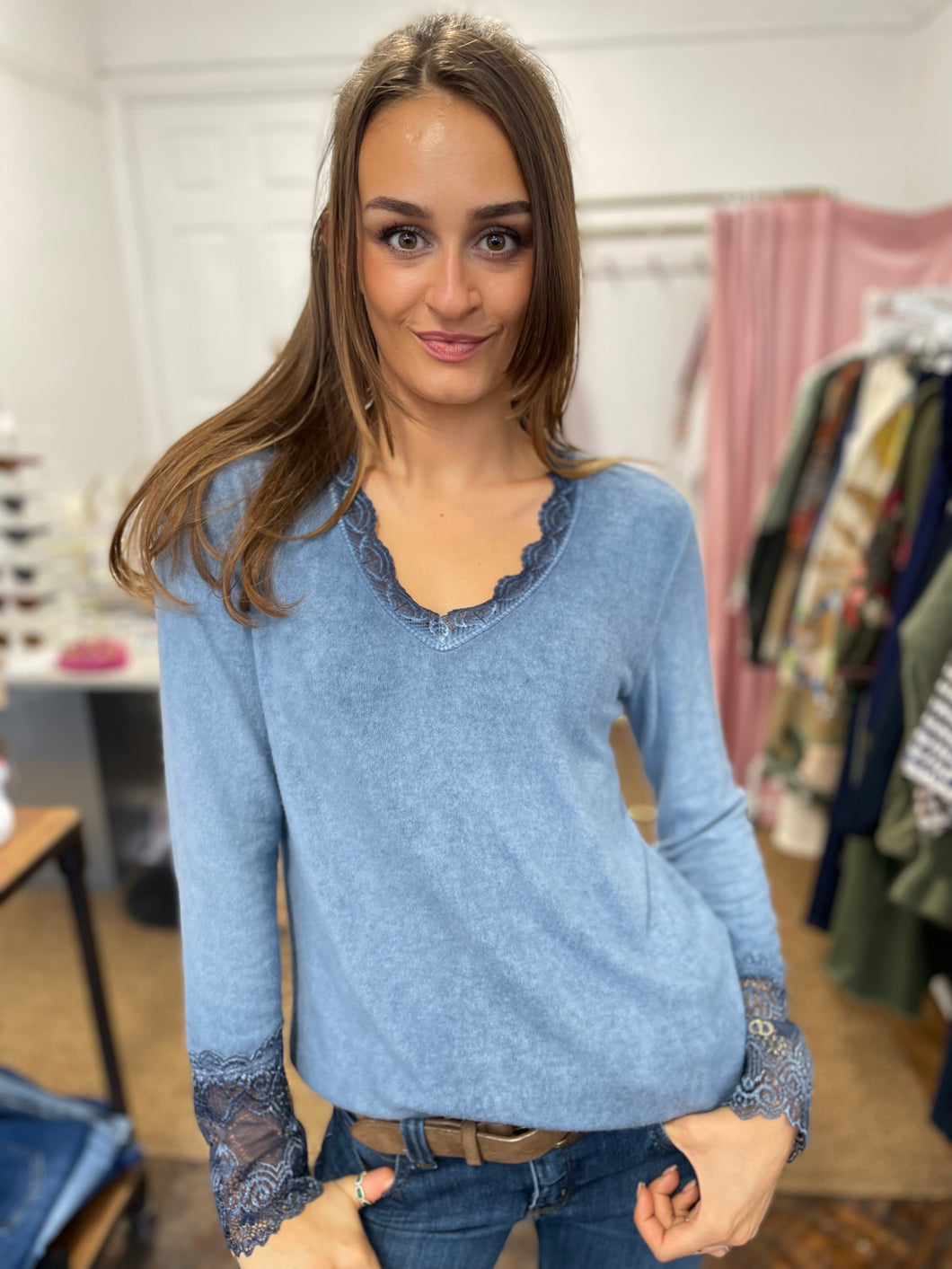 Elara Lace Trim V Neck Blue