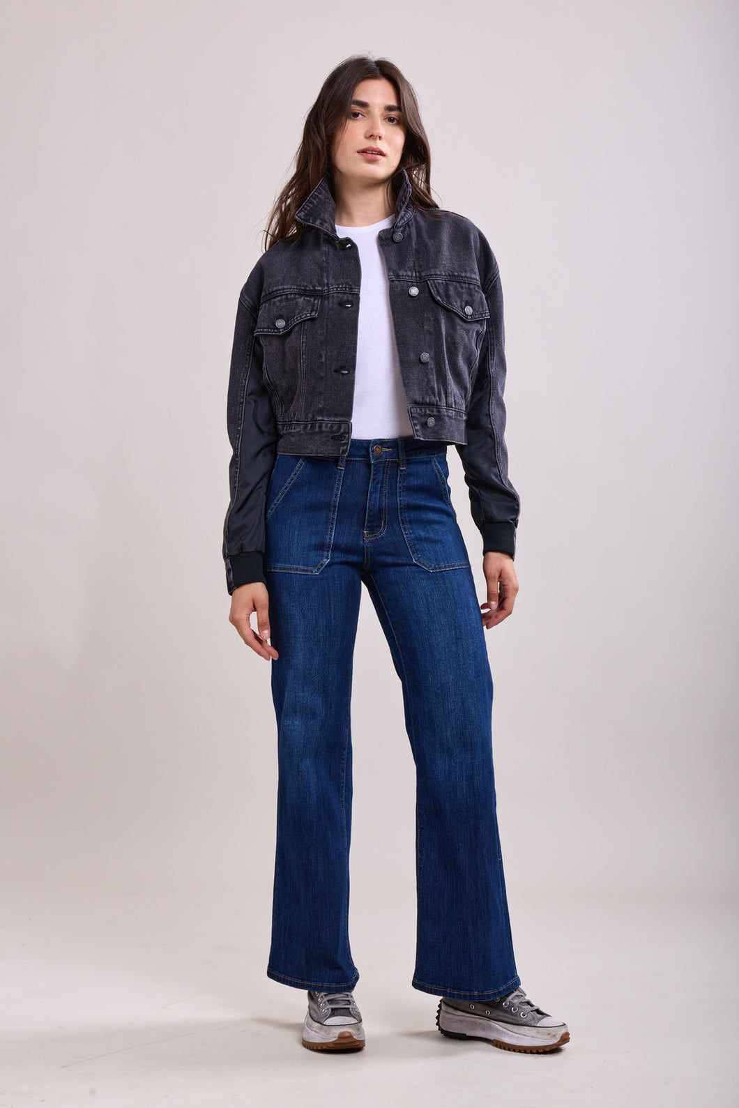 Gloria Patch Pocket Stretch Wide Leg Indigo Denim
