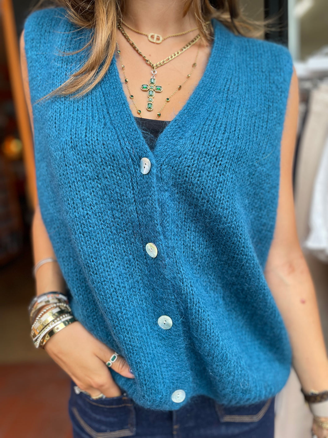 Mae Mohair Button Tank Peacock