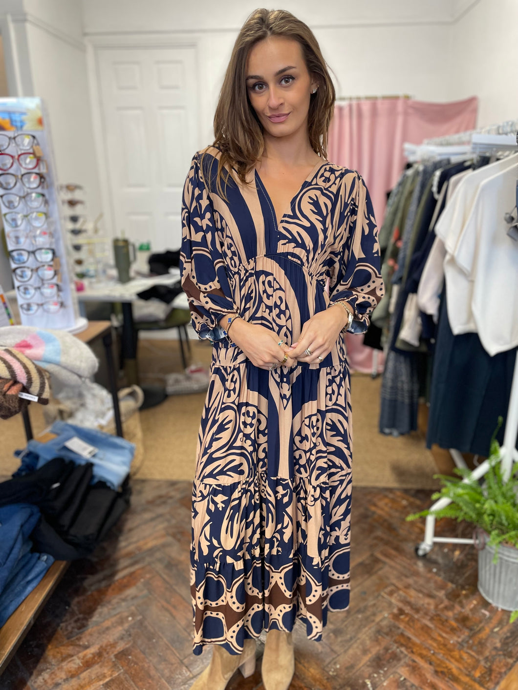 Safi Printed Dress Navy/Choc