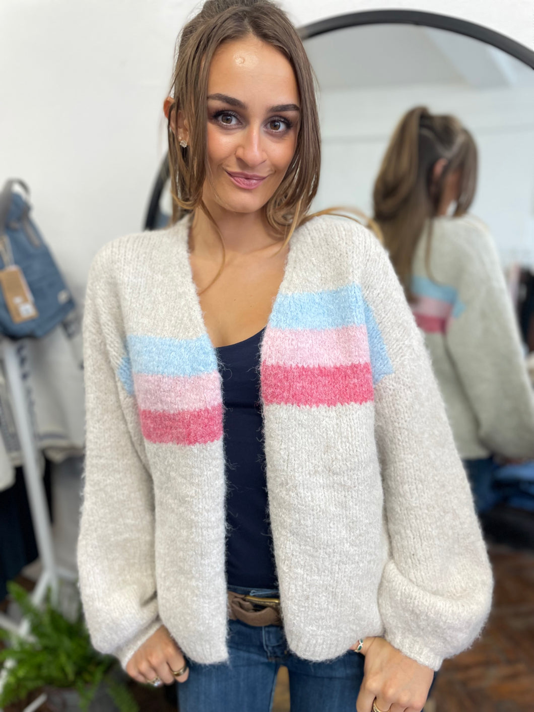 Alba Balloon Sleeve Stripe Knit Cardigan Ivory