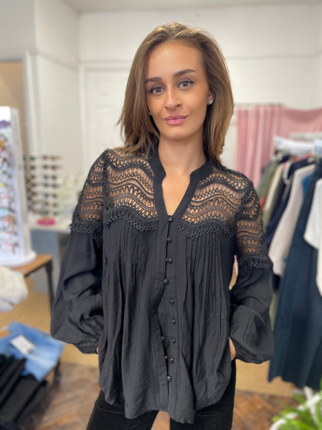 Lois Lace Pintuck Blouse Black