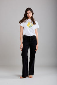 Gloria Patch Pocket Stretch Wide Leg Black Jeans