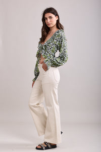 Gloria Patch Pocket Stretch Wide Leg Denim Beige