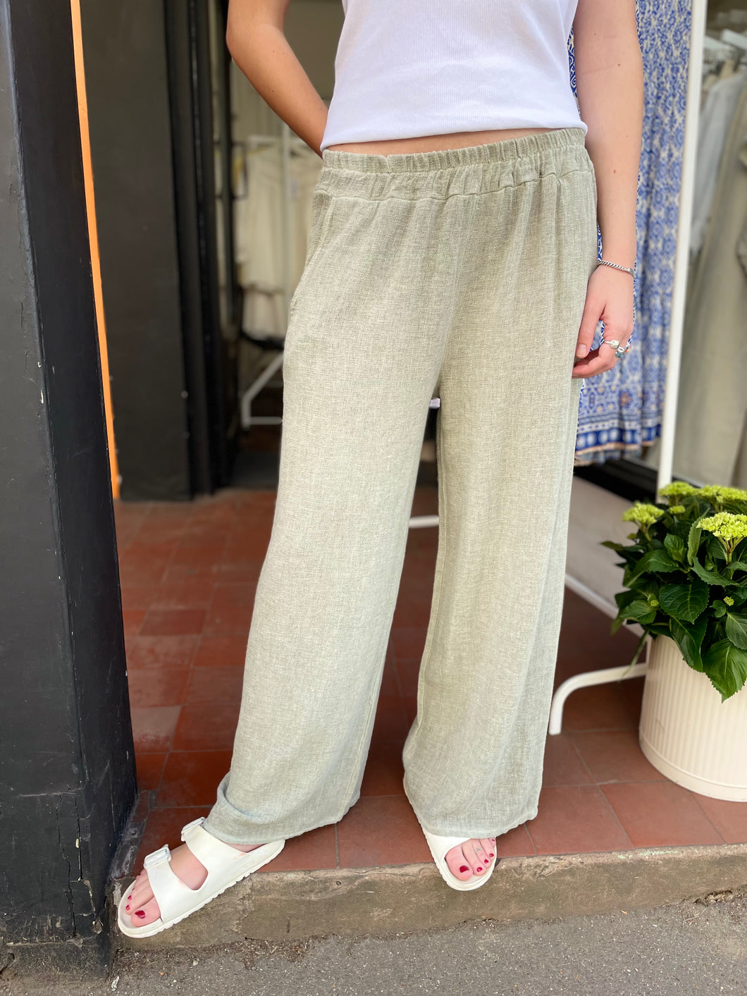 Teabag Washed Linen Wide Leg Trousers Khaki